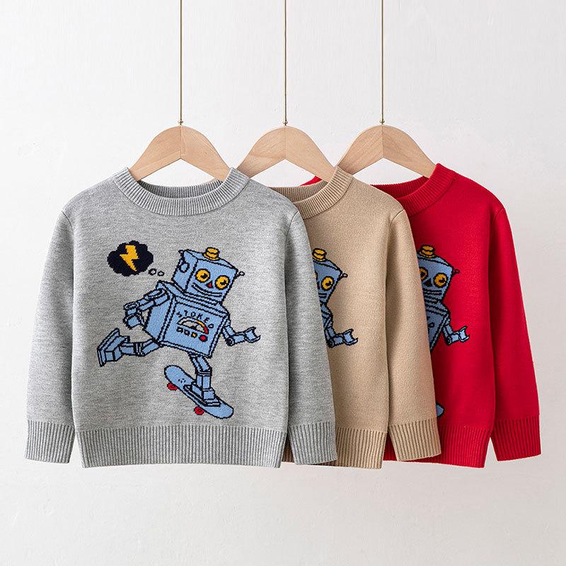 Children's New Autumn/Winter Double-Layer Knitwear Boys' and Girls' Warm Knitted Sweaters Pullover Cartoon-Printed Sweaters Base Layer Sweaters