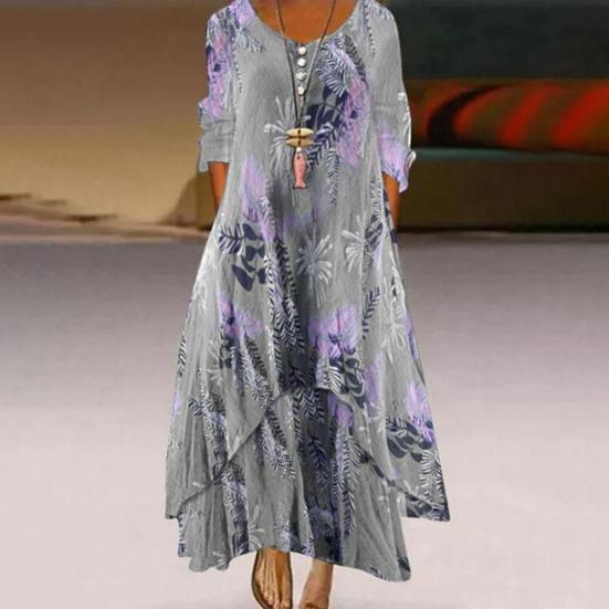 Spring Fall Dress with Pockets Vintage Flower Printing V Neck Irregular Layerd Hem Loose A-line Maxi Dress for Daily Work Party