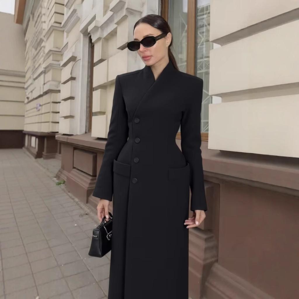 European and American Women's Clothing INS Popular Black Long Elegant Waist and Thin Temperament High-end Jacket