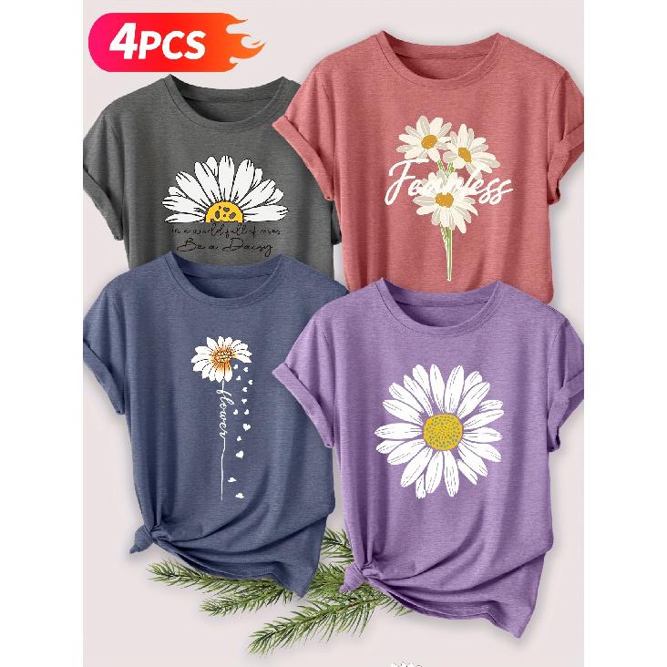 Four-piece set of elegant short-sleeved tops for women Floral and plant-themed print fashion retro-style women s casual sporty top for spring, S