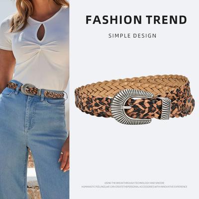 European and American Style New Alloy Pin Buckle for Women Leopard Print Belt Hand-woven Hole-free Versatile Decorative Belt for Women