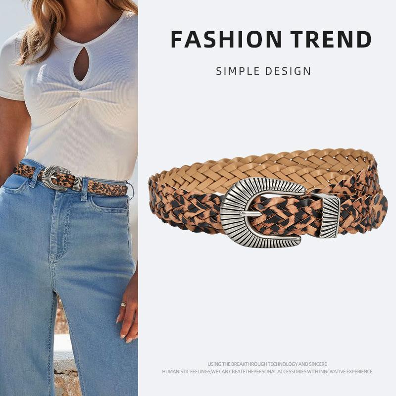 European and American Style New Alloy Pin Buckle for Women Leopard Print Belt Hand-woven Hole-free Versatile Decorative Belt for Women