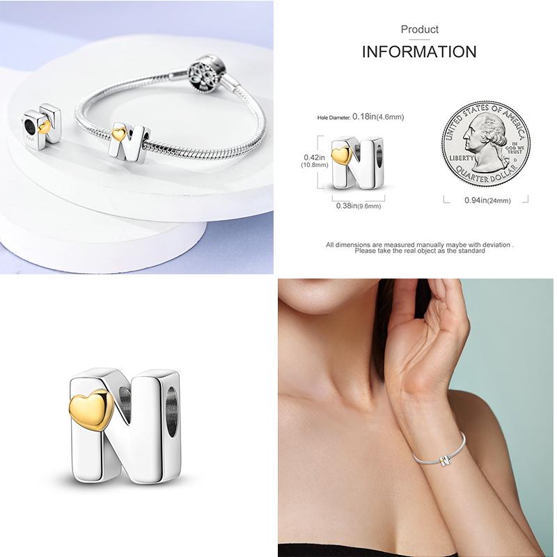 Neuer 26 A-Z Alphabet-Bead S925 Sterlingsilber Herz LOVE Buchstaben-Charm Passend für Original Armband Armreif CZ Zirkonia Bead Schmuck