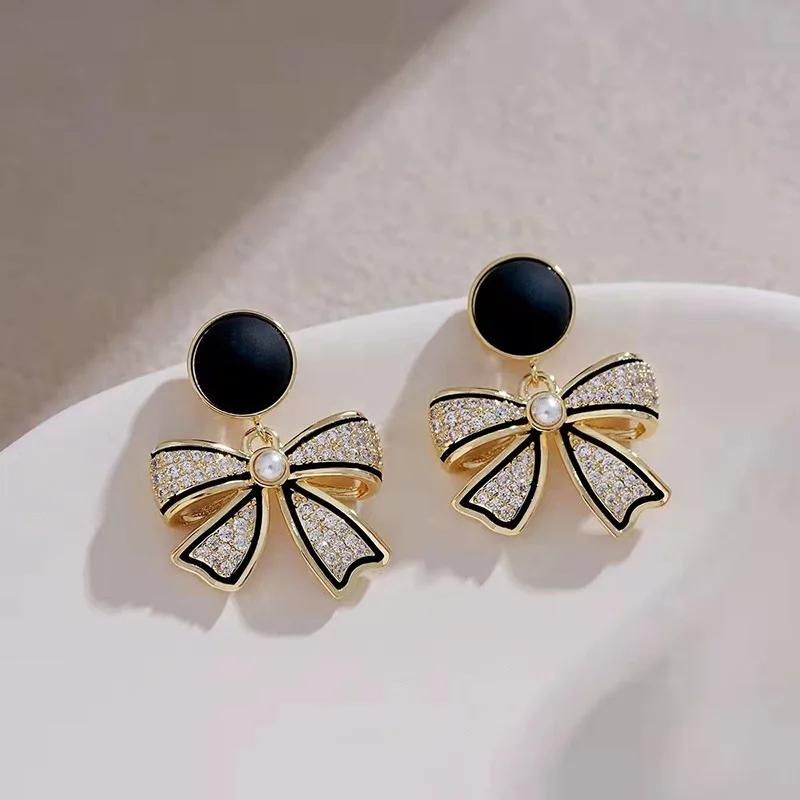 925 Silver Needle Korean Fashion Black Bow Earrings For Women Jewelry 2026 Trending New Sweet Women's Bowknot Drop Earrings Z40