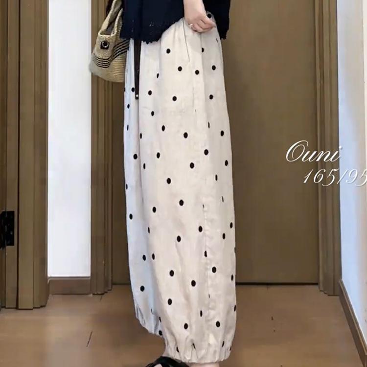 Women's Polka Dot High-Waisted Wide-Leg Linen Pants - Slimming, Nine-Point, Loose Fit, Summer Casual