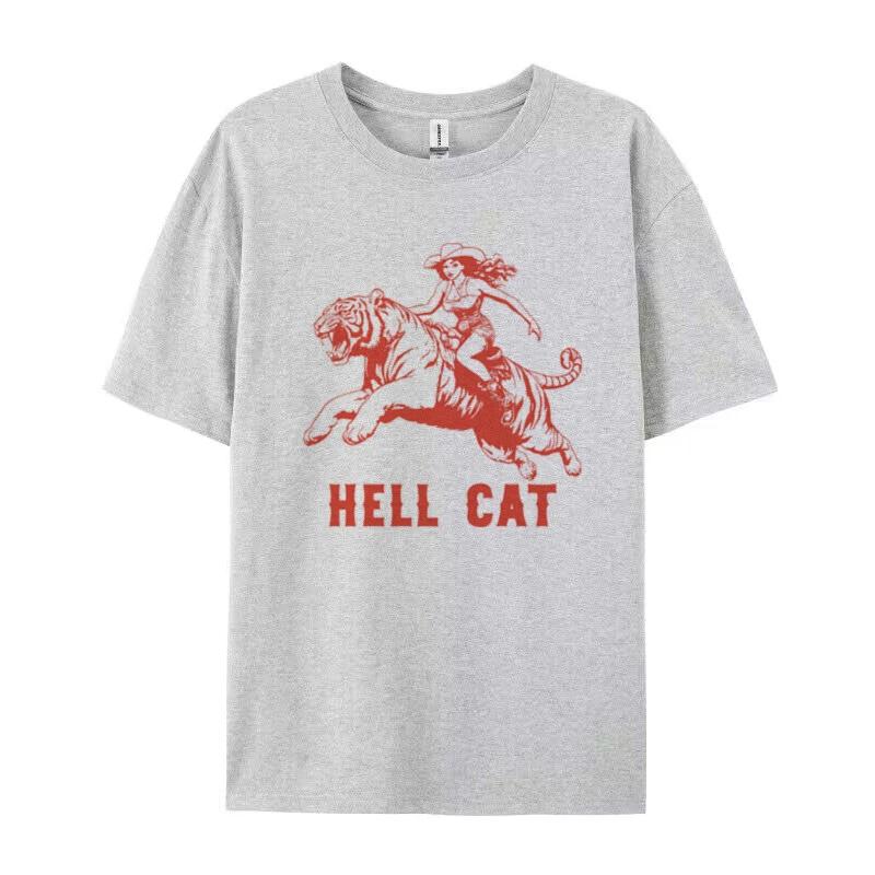 Hell Cat Tiger Print Graphic Tees Women Hippie Funny T Shirt Vintage Western Cowgirl Tshirts FeUnisex Aesthetic Retro Boho Tops