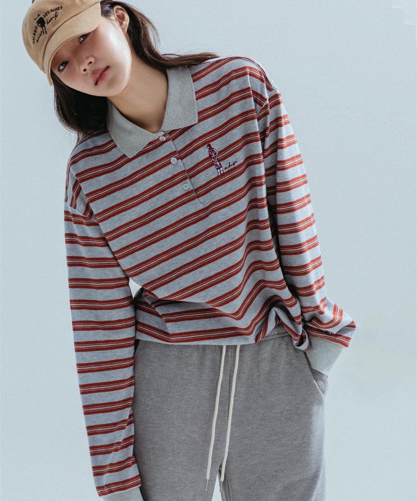 ANNEHEARTS Wide Stripe Collar Polo Tee_Gray