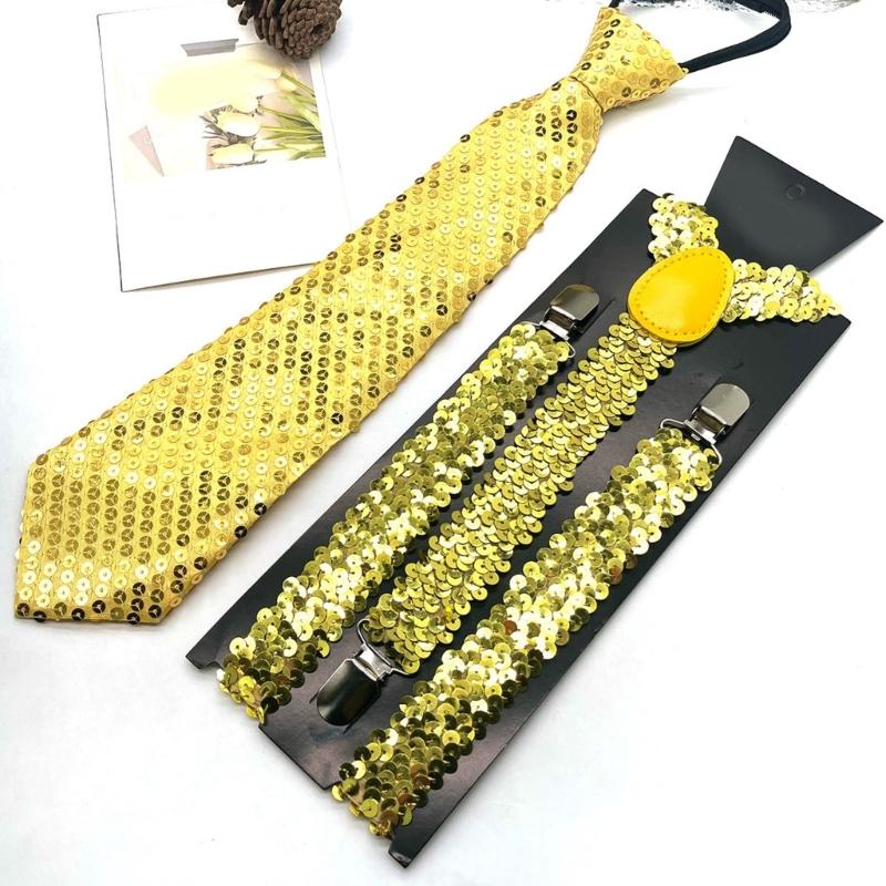 Verstellbares Pailletten Hosenträger und Krawatten Set für Herren mit Metallclip für Hochzeiten und Mottopartys Kostümzubehör
