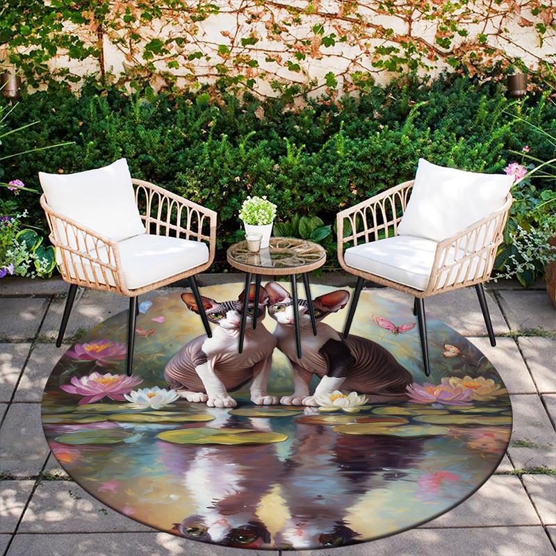Sphynx Cat and Flowers pattern round rug,Carpet Rug for Living Room Bedroom Sofa Playroom Decor,Non-slip Floor Mat,Holiday Gifts and Birthday Gifts