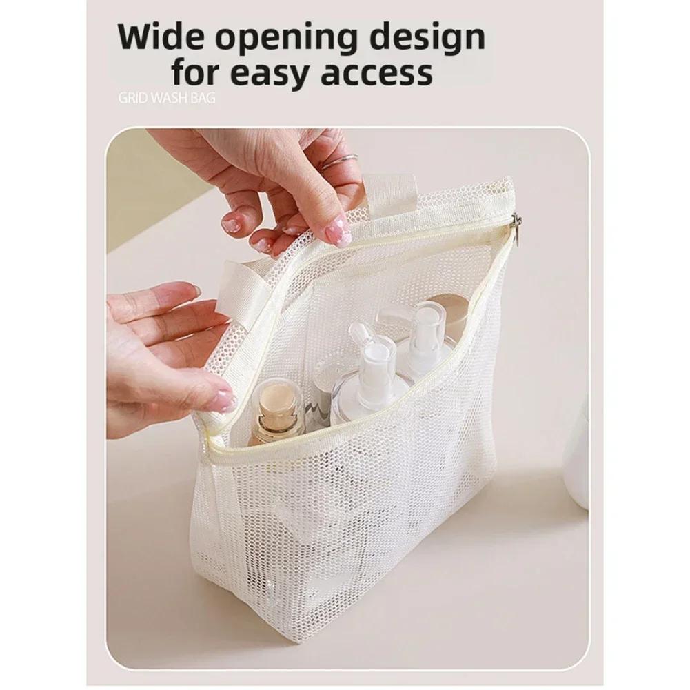Portable Mesh Makeup Toiletry Storage Bag Large Capacity Travel Handbag with Transparent Design for Easy Organization