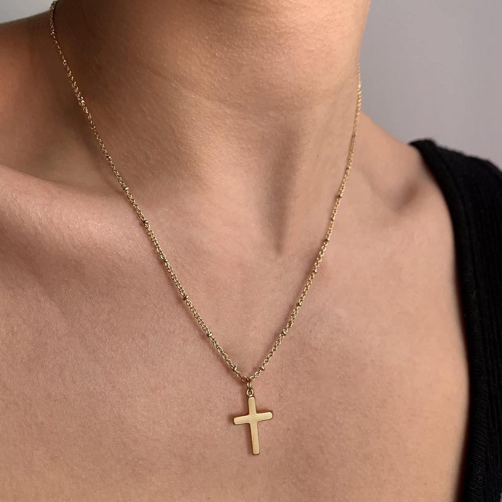 14K Gold Plated Stainless Steel Cross Necklace for Women - Beaded Chain, Simple & Elegant Design