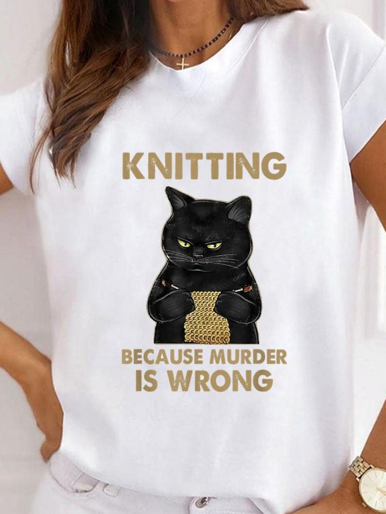 Fashionable Cartoon Cat Printed Womens Tshirt Fashionable Round Neck Top Casual Short Sleeved Womens Clothing