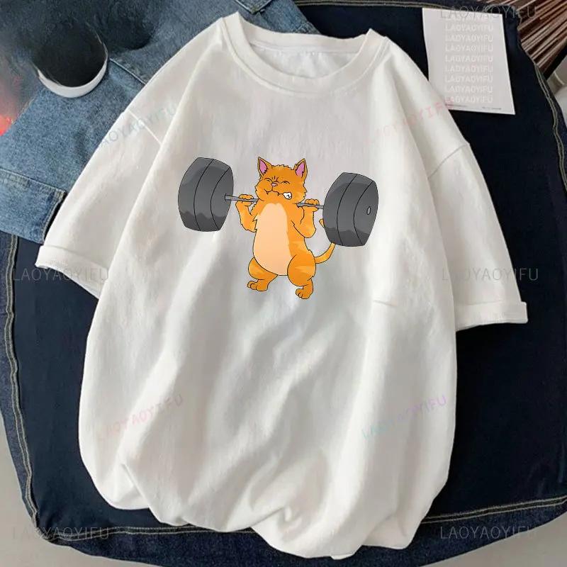 Kočka Vzpírání Potisk Tričko Cvičení Vtipný Gym Design Nálepka Grafika Vysoce Kvalitní Trička Dámské Oblečení Camisetas