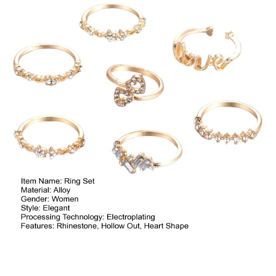 7 Pcs/Set Women Ring Set Different Shapes Rhinestone Knuckle Rings Hollow Out Heart Polished Alloy Rings Prom Party Jewelry