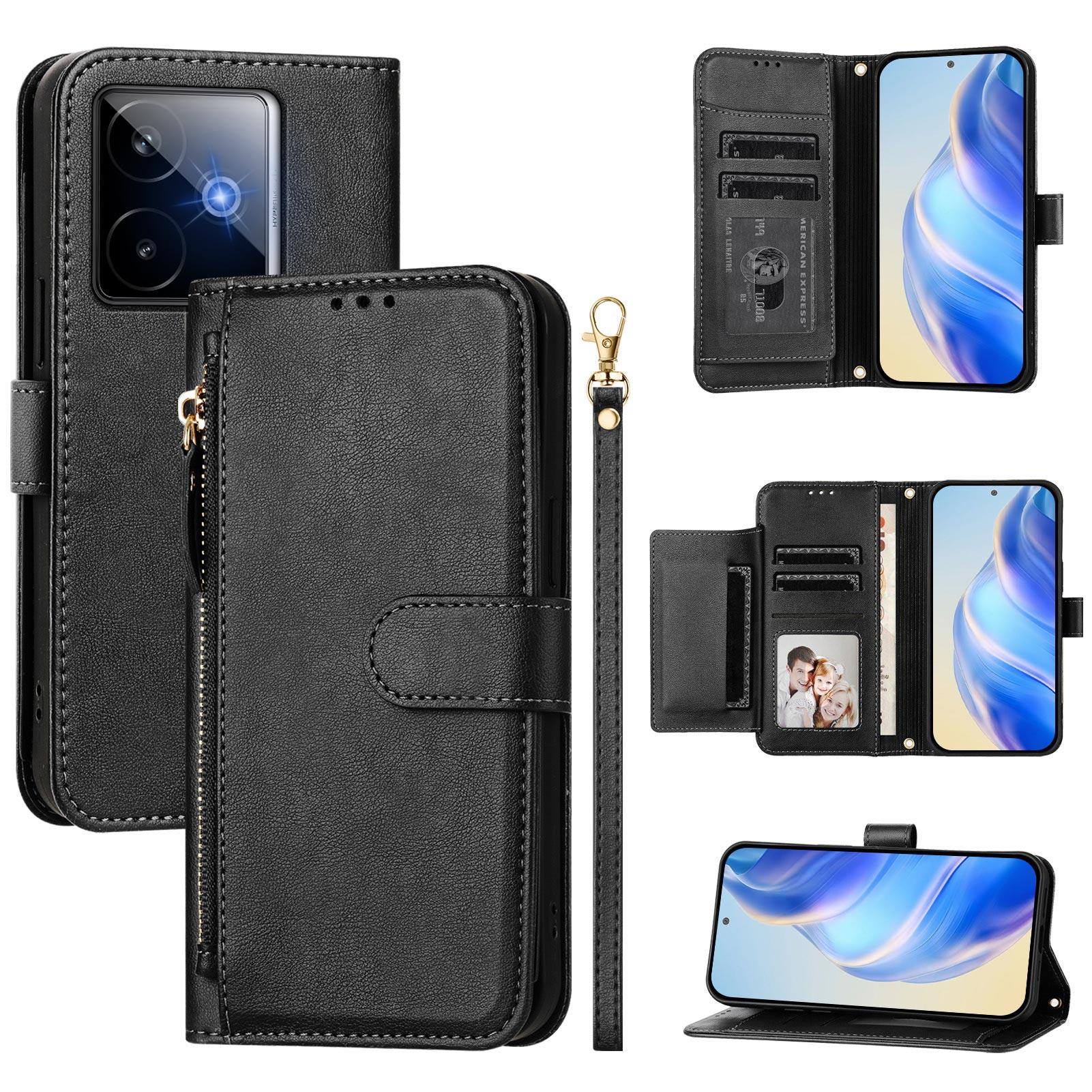 

For Realme GT7 Pro Racing 5G Case Zipper Pocket Multiple Card Slots Leather Phone Cover Black
