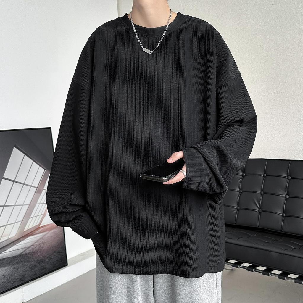 [Culeevp] Men's Long-Sleeve T-Shirt, Plus Sizes, Plain, Thick, Long T-Shirt, Men's Autumn/Winter Clothing, Sweatshirt, Black, Size L