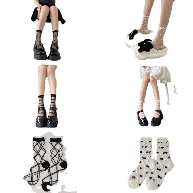 Summer black and white love ultra-thin glass silk socks children's medium tube socks tide fungus edge versatile