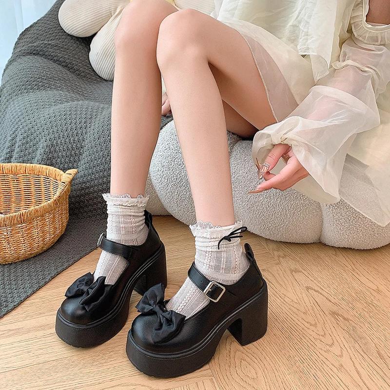 Fashion 2025New Chunky Heel Shoes Spring Round Head Shallow Mouth Bow One Word Buckle Waterproof Platform Anti-slip Wear  Jane Shoes