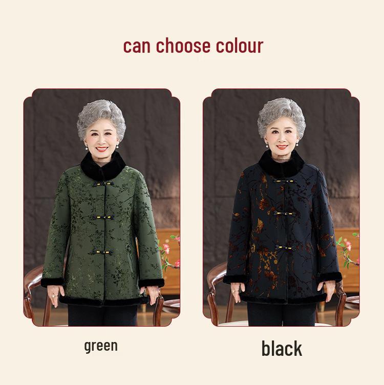 Chinese Winter Deer Velvet Coat with Fur Collar for Middle-Aged & Elderly Women