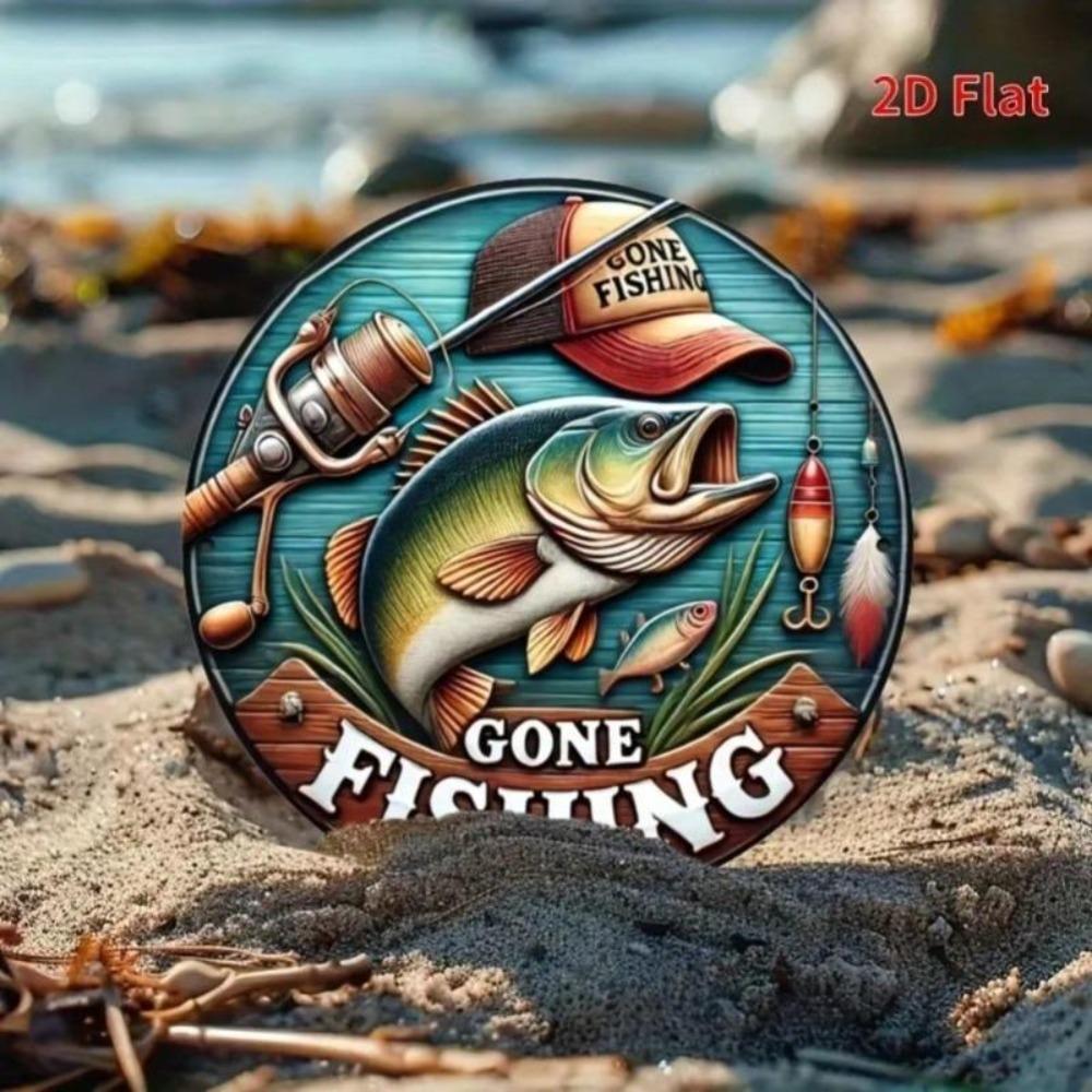 Metal Wall Art Vintage Fishing Welcome Sign Round 2D Printed Gift for Angler Home Decor