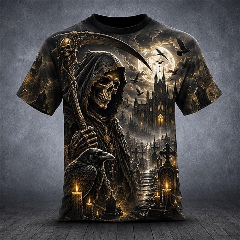 Herren T-Shirt mit Skelett-Print 3D-Druck Kurzarm Dunkler Gothic-Stil Herren Kurzarmhemd Halloween Horror-Thema Oberteil