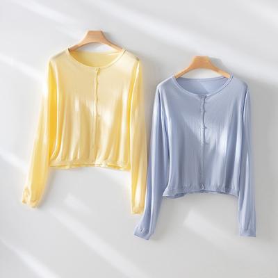 Einknopf-Strickcardigan Damen Sommer Neu Tencel Sonnenschutz Faul Lässig Rundhals Langarm Oberteil Jacke