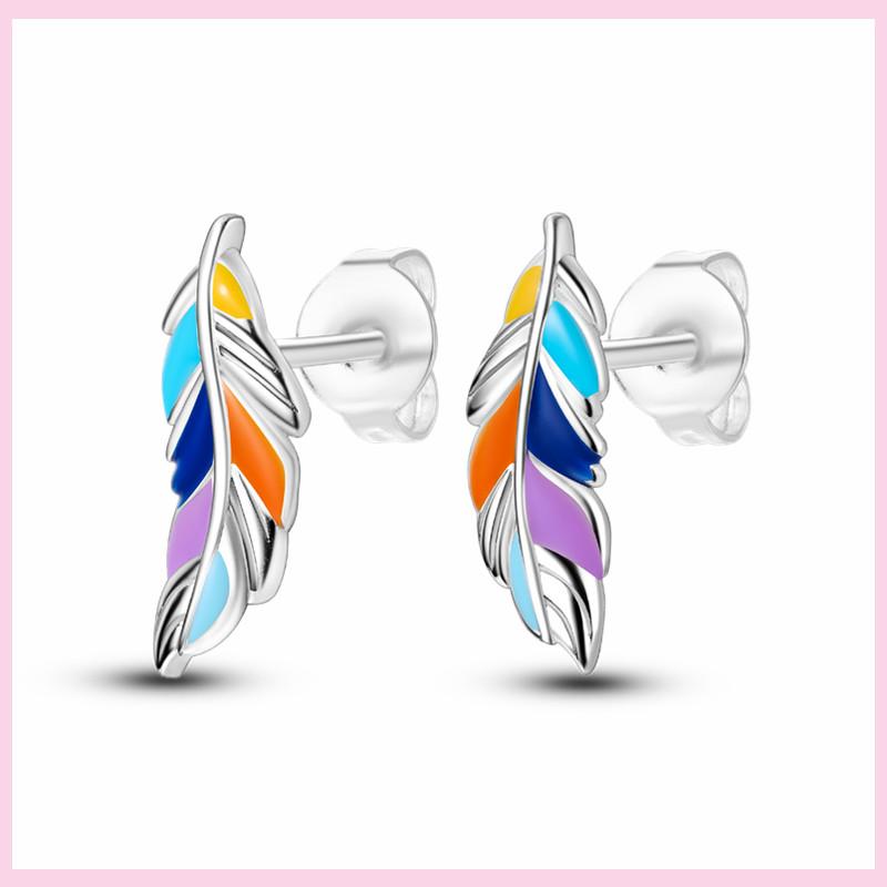 925 Silver Colorful Feathers Drop Earrings Dream Catcher Bohemia Asymmetry Dangle Earrings Original Wedding Jewelry For Women