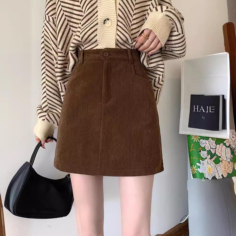 2023 Women's High Waist Brown Corduroy A-Line Skirt - Autumn/Winter Slim Fit for Petite Figures