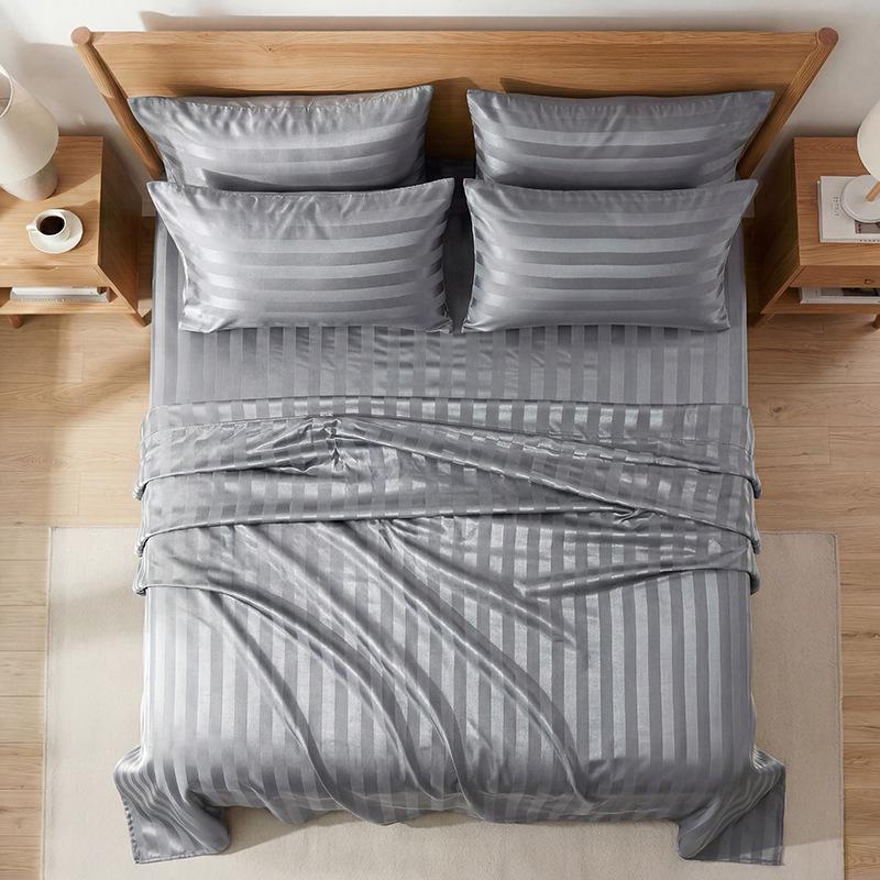 Cross-Border Satin Stripe Bed Sheet & Pillowcase Set for Oversized Double Bed