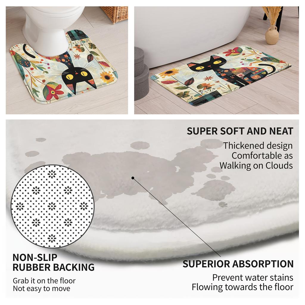 4Pcs Retro Boho Black Cat Shower Curtain Set with Non-Slip Bath Mat, Toilet Lid Cover, Contour Rug & 12 Hooks, Bathroom Decor