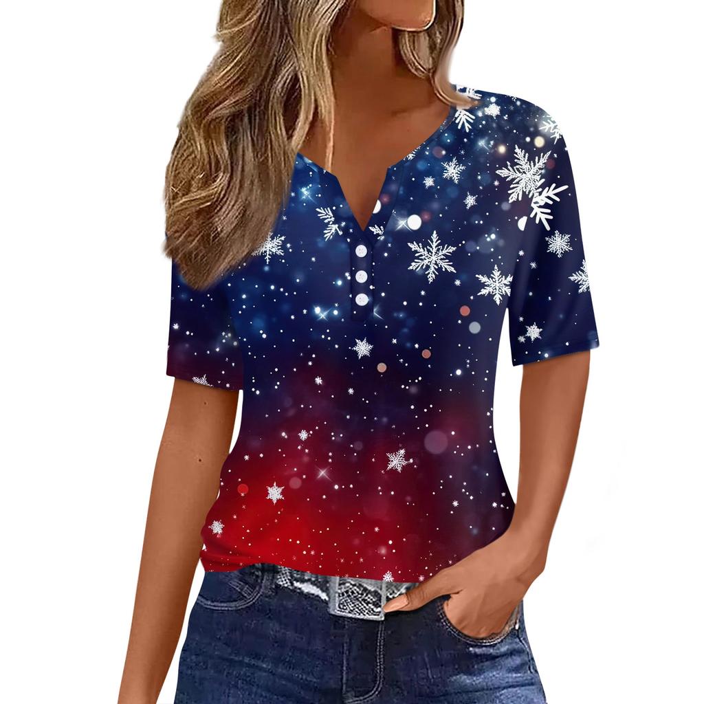 Women's T Shirt Christmas Print Button Short Sleeve Daily Weekend Fashion Basic V- Neck Regular Top