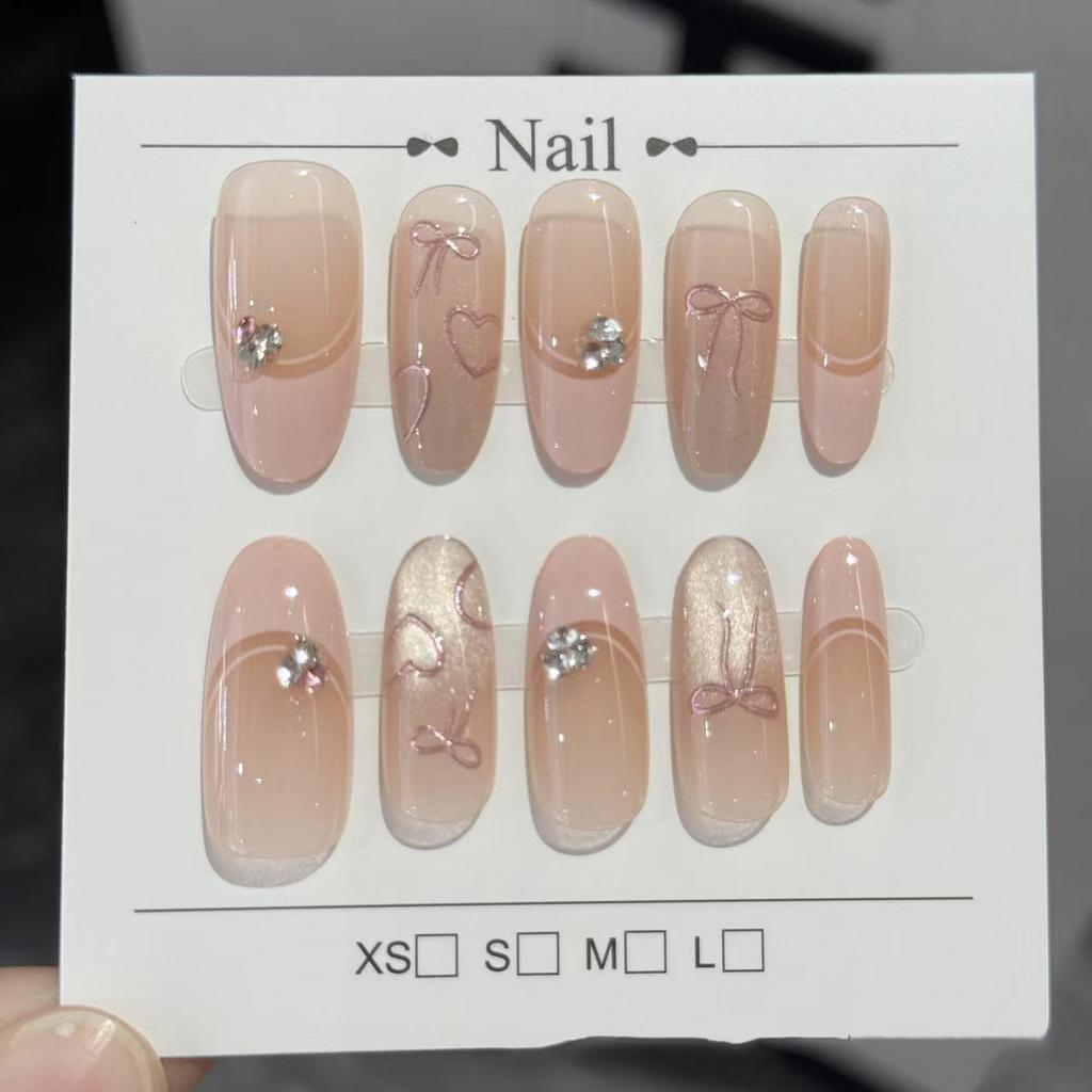 10 Pcs Handmade Pink French Almond Press On Nails With Bow Heart Rhinestones Cute Reusable Fake Nails For Girls