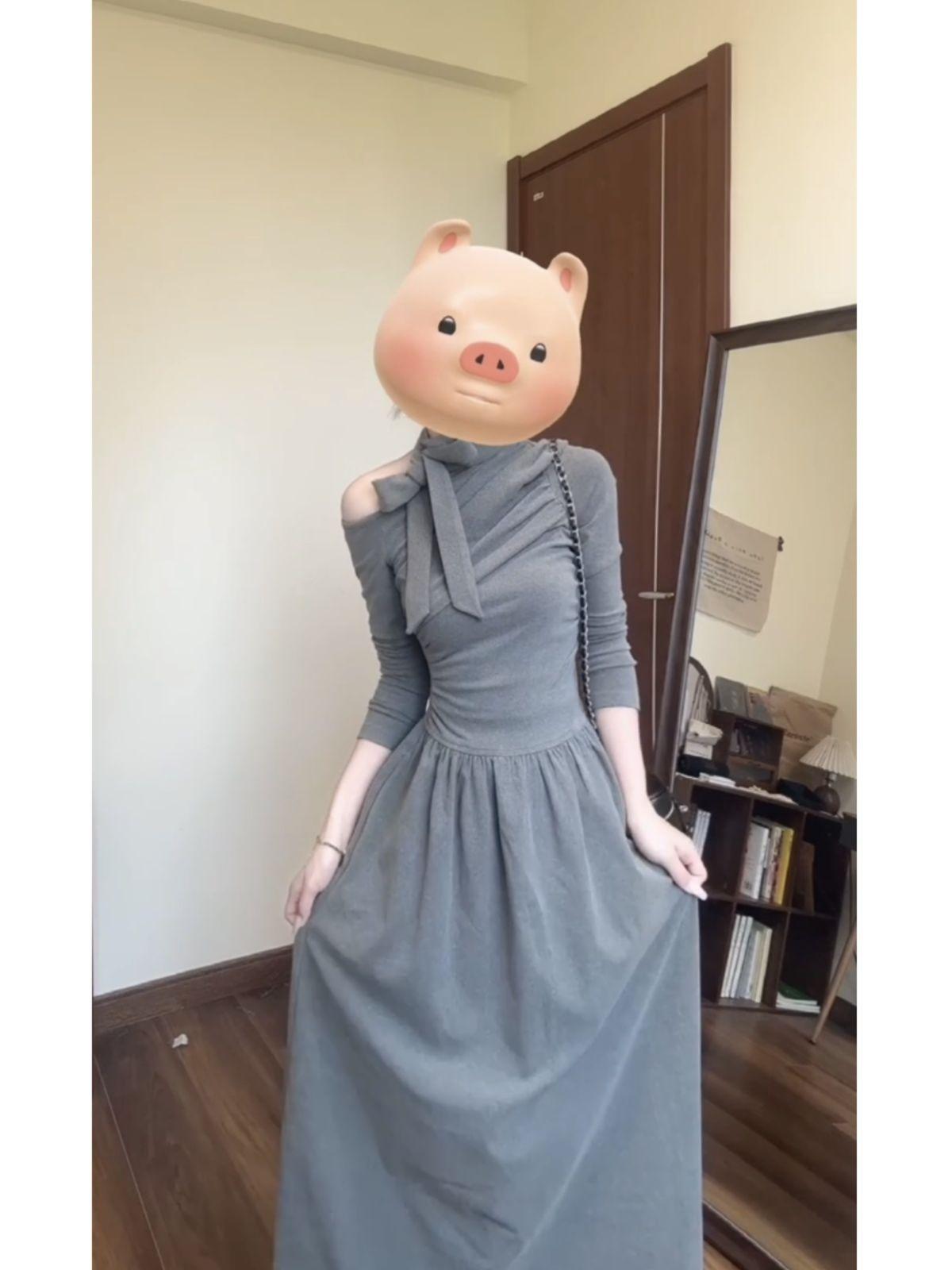 

Korean good-looking French off-the-shoulder bow neck dress long-sleeved early autumn new medium and long dress S серый