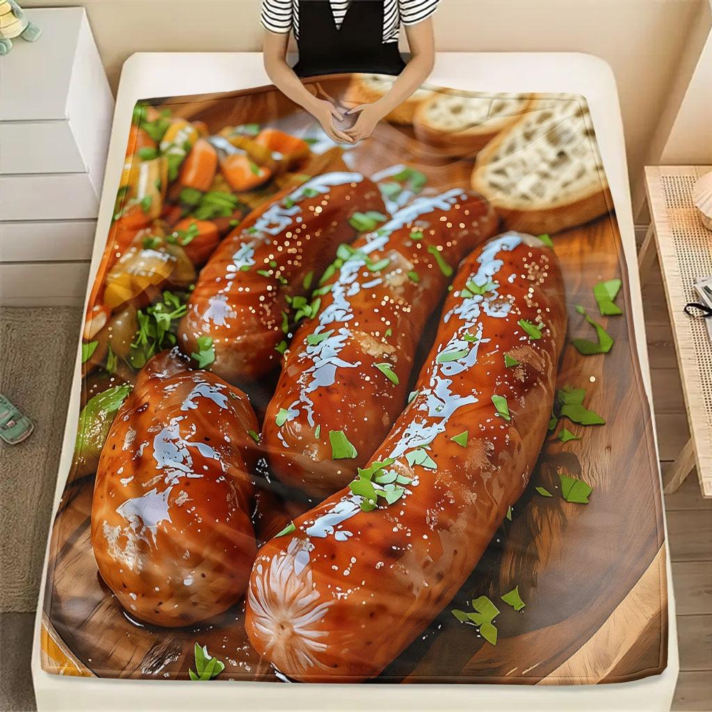 Sausage and Vegetable Pattern Throw Blanket - Creative Food Motif Soft Lightweight Accent for Sofa Bed Travel Office Gift