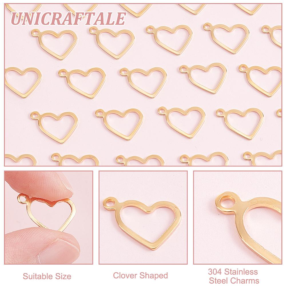 304 Stainless Steel Charms Hollow Heart Golden 10x13.7x1mm Hole: 1mm 100pcs/box