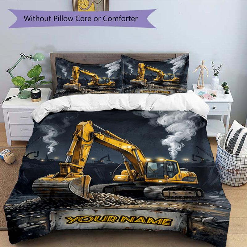 3PC Custom Name "Excavator Action" Bedding Set Duvet Cover Closure Includes 1 Duvet Cover & 2 Pillowcases for Bedroom