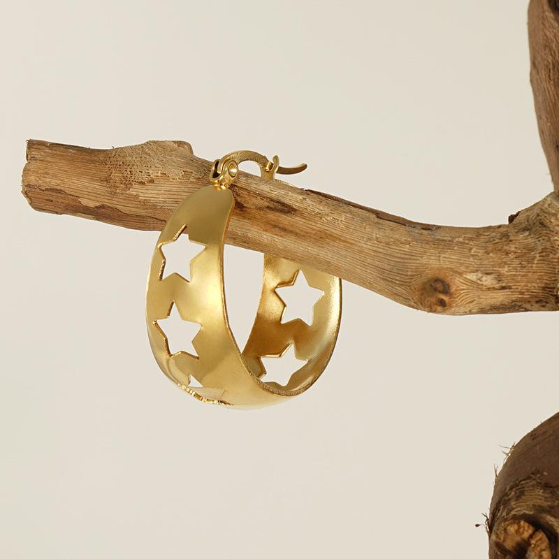 18K Gold Star Hollow Retro Stainless Steel Hoops - French-Inspired Earrings