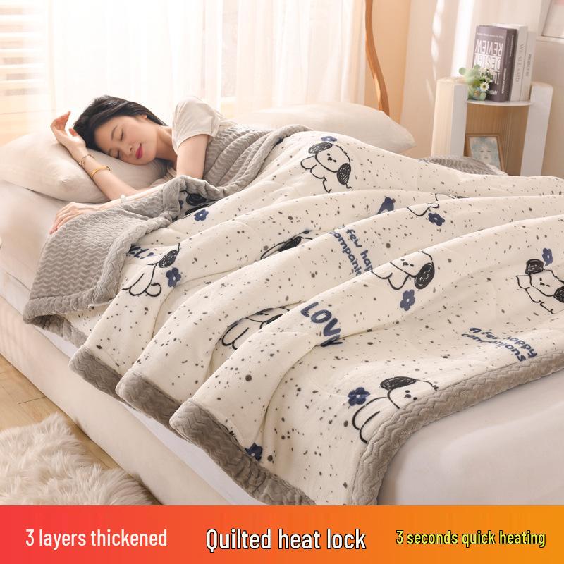 Three-Layer Quilted Milk Velvet Cartoon Blanket - Thick, Machine Washable, Ideal for Autumn/Winter Naps