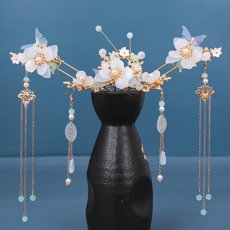 FORSEVEN Chinesisches Haaraccessoires Damen Blume Perlen Haarnadeln Lange Quaste Kopfschmuck Stäbe Haarkamm Brautschmucksets