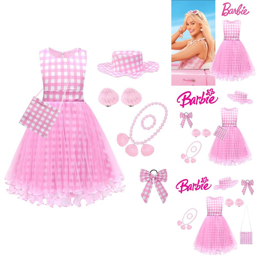 Princess Pink Sleeveless Dress Set With Bag Hat Bracelet Necklace Earrings And Hair Accessories