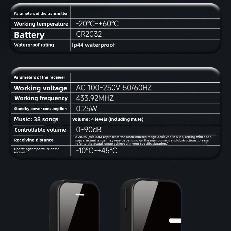 Black Mirror Battery Wireless Doorbell Household Digital Remote Control Music Doorbell Long-distance Elderly Beeper