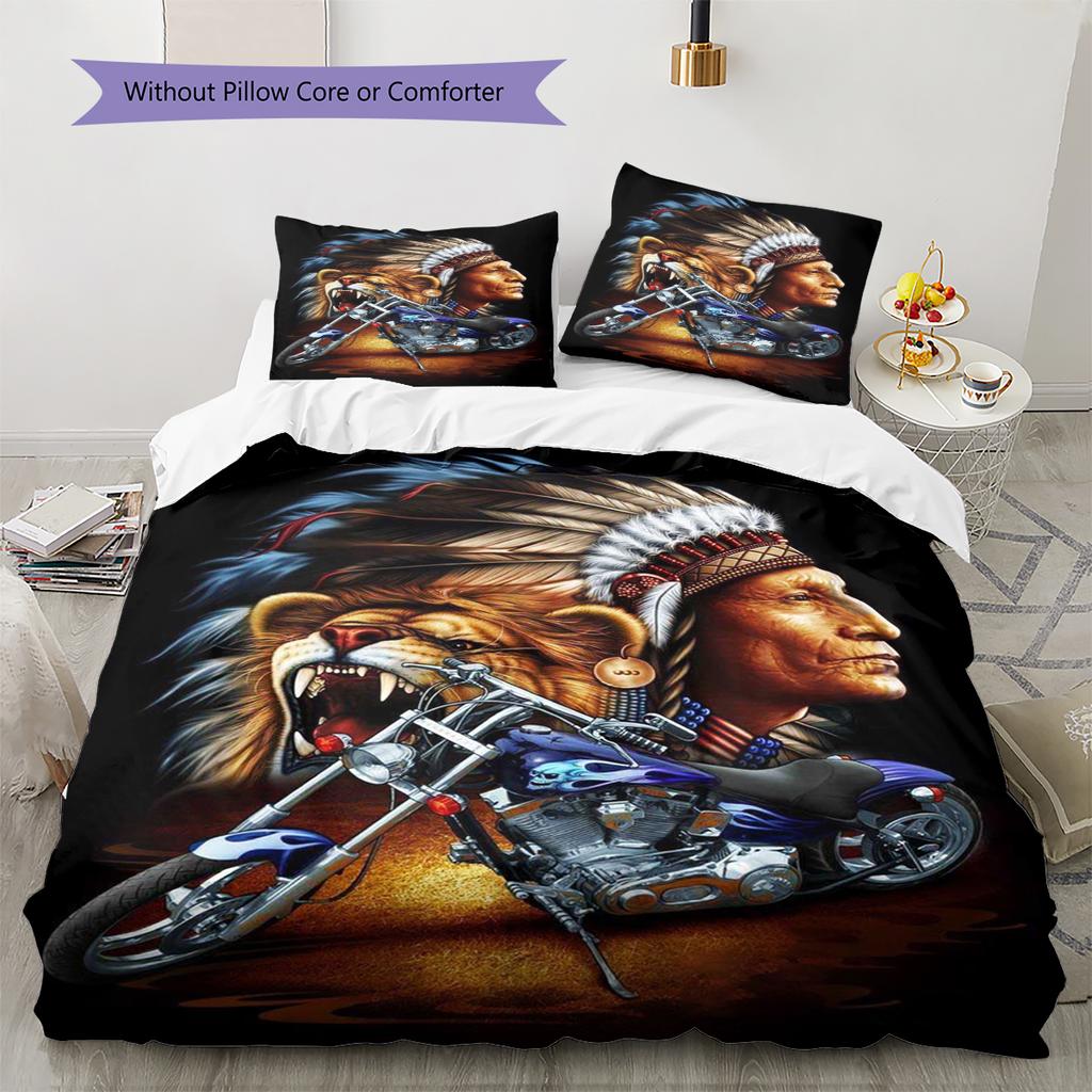 Indian Chiel Motor Pattern Bedding Quilt Set Quilt Cover Pillowcase Home Decoration Gift (1 * Duvet Cover + 2 * Pillowcase, Without Core)