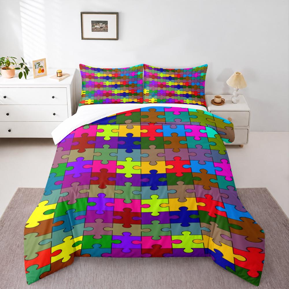 "Colorful Puzzle Pattern Bedding set (1 duvet cover, 2 pillowcases, duvet not included)