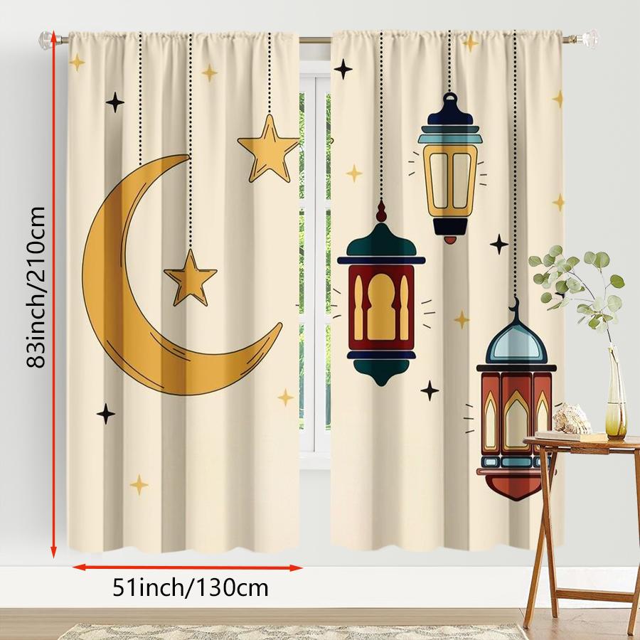 2pcs Crescent Star & Lantern Printed Curtains   Perfect for Ramadan/Eid Window Decor   Home Living Room Bedroom Decor   Rod Pocket