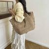Crochet Hollow Out Straw Tote Bag With Leather Handle Large Capacity Beach Bag Casual Shoulder Purse Vacation Boho Woven Handbag