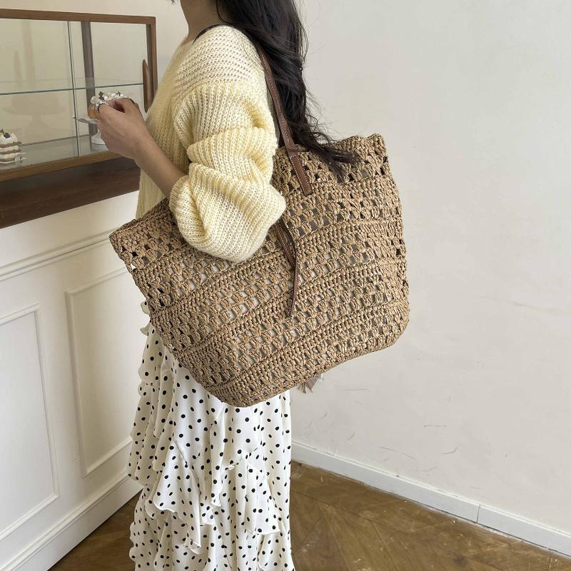 Crochet Hollow Out Straw Tote Bag With Leather Handle Large Capacity Beach Bag Casual Shoulder Purse Vacation Boho Woven Handbag