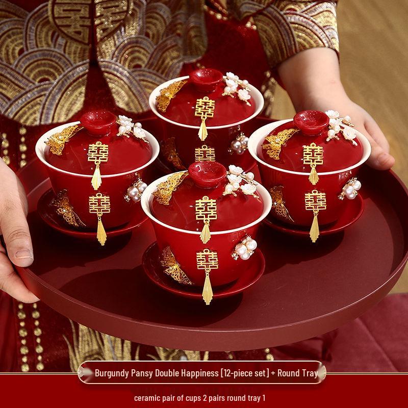 Double Happiness Butterfly Love Teacup Set: Wedding Bowls, Red Tea Set, Chopstick Pair, Dowry Gift