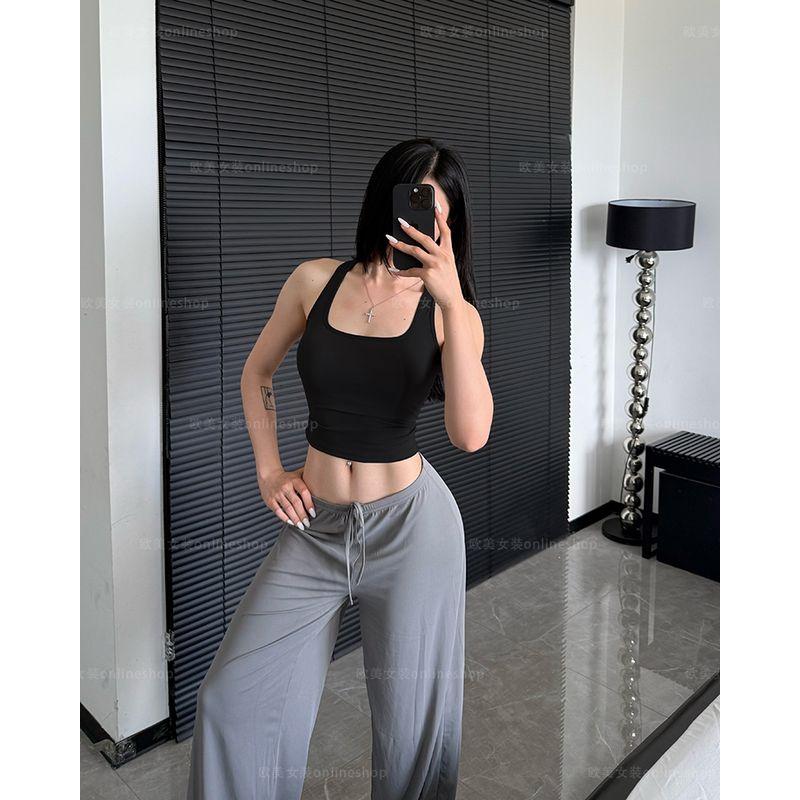 

Small Bust Tiancai-Square Collar Sports Vest Strap Chest Pad Running Fitness Bra I-Shaped Beauty Back Yoga Clothes Can Be Worn outside Advanced Black L