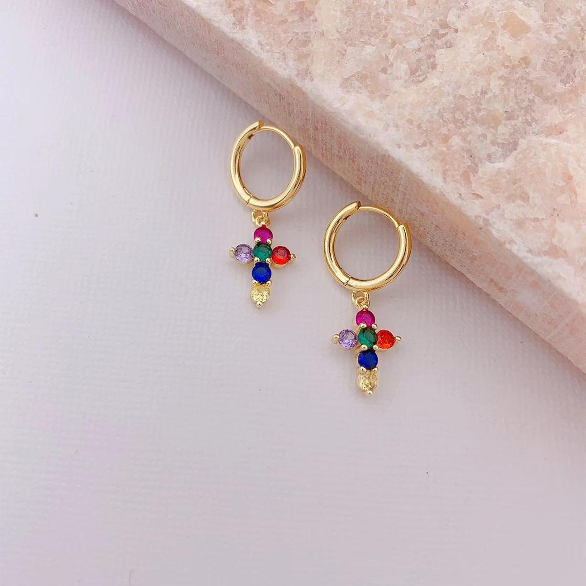 Popular earrings, colored zircon cross earrings, earrings, European and American metal exaggerated earrings wholesale