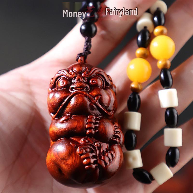Rosewood Carved Pixiu Ornament: Gourd & Dragon Turtle Handicraft